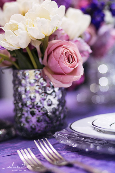 Purple and silver wedding with mercury glass vases