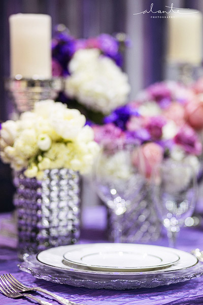 Purple and silver wedding with mercury glass vases