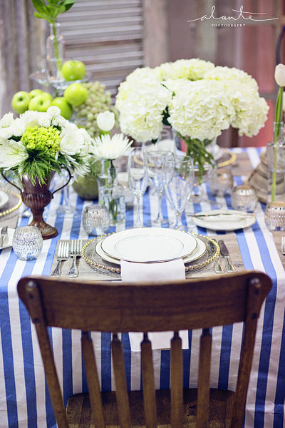 Nautical blue stripes with wood and gold wedding table