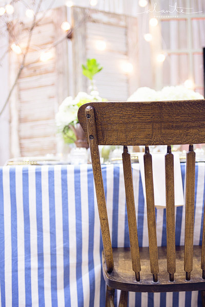 Nautical blue stripes with wood and gold wedding table