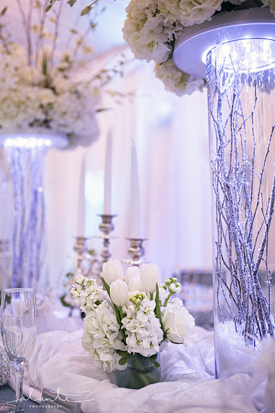 White silver and blue wedding decor