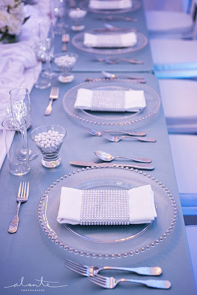 Blue and silver wedding table settings